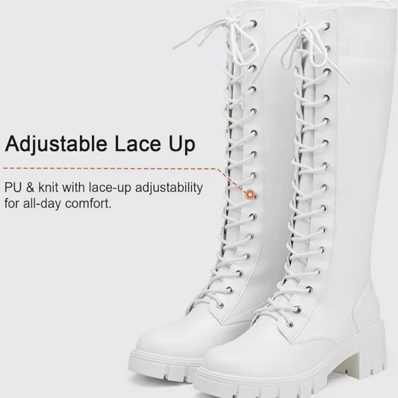 Women's White Knee-High Lace-Up Boots PU and Knit Material New - Picture 6 of 16